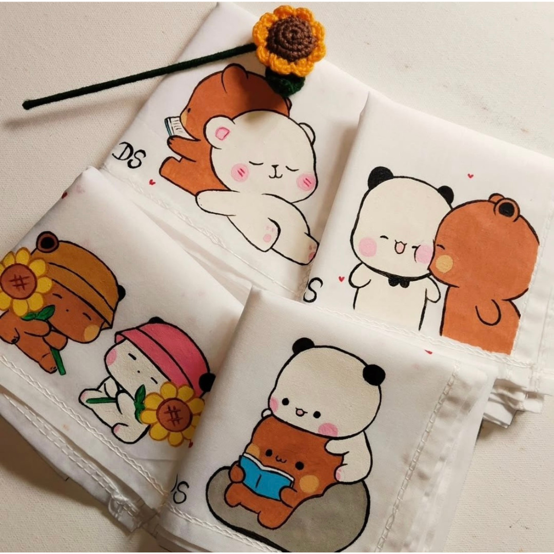 Cute Handmade Art for Couples on Handkerchief - Pack of 4 (Name Customization Available)